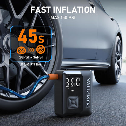 Tire Inflator Portable Air Compressor, 150 PSI Portable Electric Bike Pump Auto Shut-Off Cordless Car Tire Air Pump with Accurate LCD Display LED Light for Car, Motorcycle, Bicycle, Bike, Ball