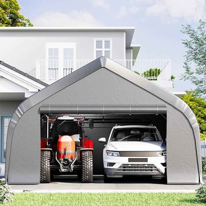 EROMMY 20x20 FT Heavy Duty Durable Carport, Silver Gray, Galvanized Steel Frame Garage Shelter and Outdoor Storage, Waterproof 3-Layer PE Cover, Fits 2 Cars, Boat, Farm Equipment