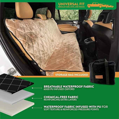 Plush Paws Products Velvet Rear Car Seat Protector w/Hammock | Washable & Waterproof Back Seat Dog Cover for Car, Truck, & SUV | Nonslip, Tear Resistant Pet Seat Cover | X-Large Desert Sand