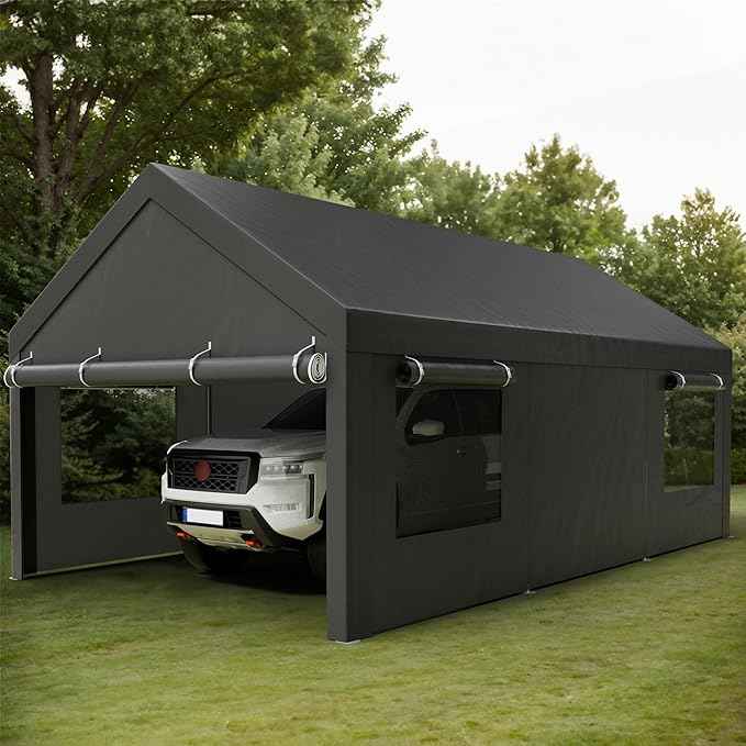 Shintenchi Carport 10' x 20' Heavy Duty Portable Garage, Carport Canopy with Side-Opening Door & Roll-Up Windows, Car Canopy for Truck,Car,Grey