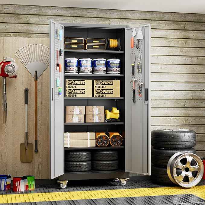 Aobabo Upgraded Garage Storage Cabinets with Wheels,Metal Storage Cabinets with 5 Adjustable Shelves for Garage Home Office Storage, Black&Dark Grey,71''H*32''W*16''D,Assembly Required