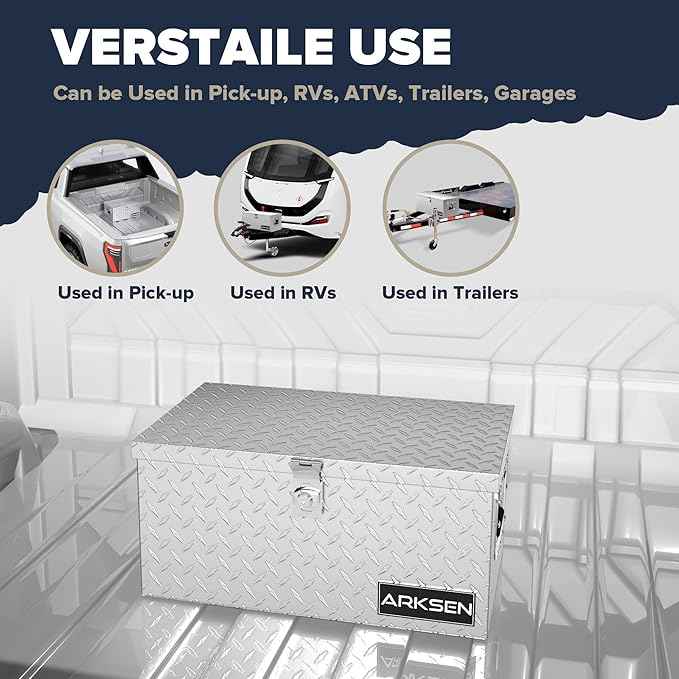 ARKSEN 20 x 12 x 10 Inch Diamond Plate Truck Bed Tool Box, Heavy Duty Waterproof Aluminum Storage Chest with Side Handle & Lock for Pickup Truck Bed, RV & Trailer, Silver