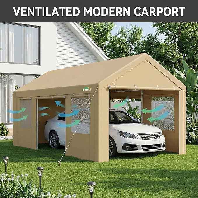 COBIZI 12x20 FT Heavy Duty Carport with Galvanized Frame, Carport Canopy with Roll-up Windows, Storage Tent with Removable Sidewalls & Doors, Built-in Sandbags for Car Boat Truck, Khaki