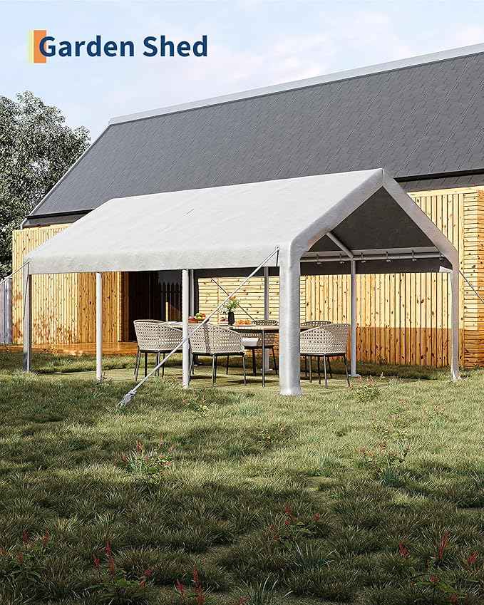Garvee 12x20 ft Portable Garage, Car Port with 200 g PE Tarp Canopy, with 2 Roll-Up Doors and 4 Windows, for Temporary Paint Booth, Boats&Pickups Shed, and Event Shelter, White