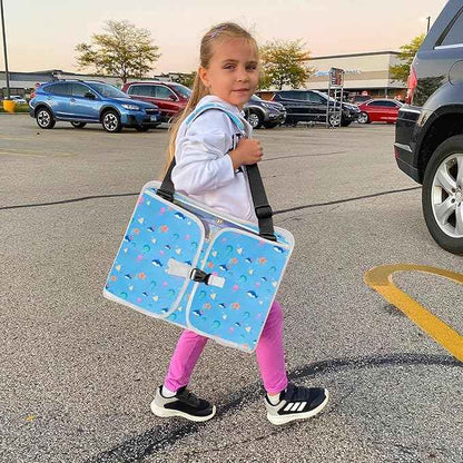 MENZOKE Kids Travel Tray, Car Seat Tray for Kids Travel, Toddler Essentials Girls with Tablet Holder, Road Trip Essentials with Cooler Cup Holder, Dry Erase Board & Storage Pocket for Airplane, Blue