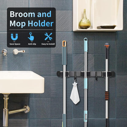 Huryfox Heavy-Duty Stainless Steel Broom Holder, Black, Wall Mount, 1-4 cm Diameter Compatible, Adjustable, 3 Racks, 2 Hooks, Space-Saving