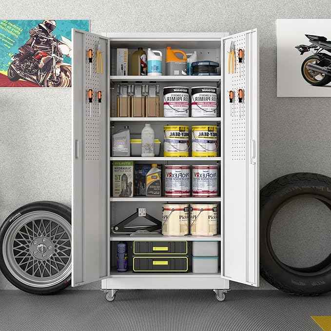 Aobabo Metal Storage Cabinet with Wheels,Heavy Duty Office Storage Cabinet with Lock,Steel Cabinet with 2 Doors and 5 Adjustable Shelves for Office Home School Storage,Required-Assembly White