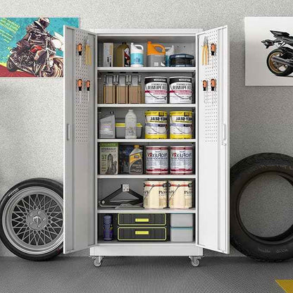 Aobabo Metal Storage Cabinet with Wheels,Heavy Duty Office Storage Cabinet with Lock,Steel Cabinet with 2 Doors and 5 Adjustable Shelves for Office Home School Storage,Required-Assembly White