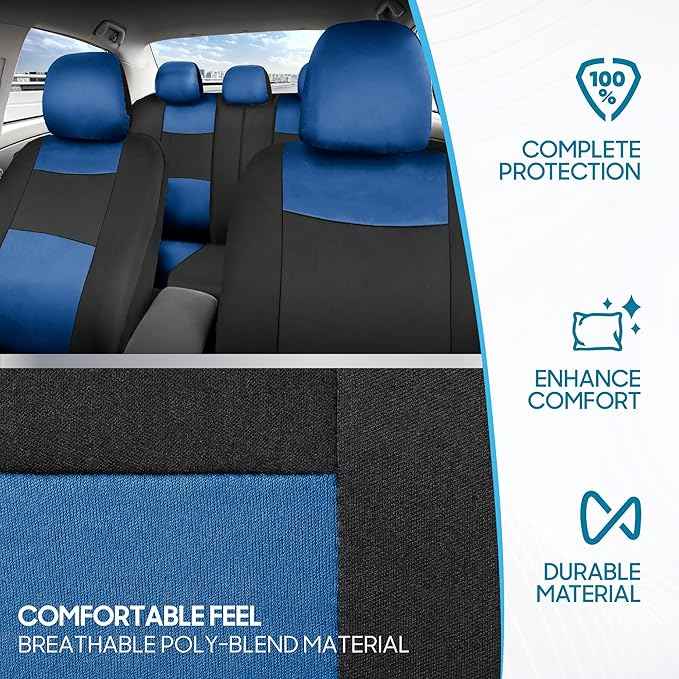 BDK PolyPro Blue Car Seat Covers Full Set with 4-Piece Car Floor Mats - Two-Tone Seat Covers for Cars with Carpet, Interior Covers for Auto Truck Van SUV