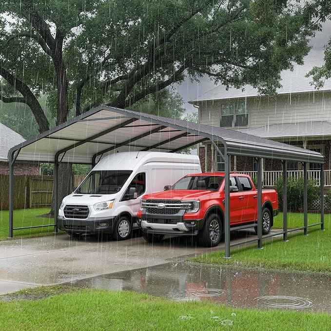 20' x 20' Carport, Metal Carport with Updated Roof & Enhanced Base, Heavy Duty Canopy Carports Garage, Vertaile for Car, Truck, Boat, Tractors, Party, Grey