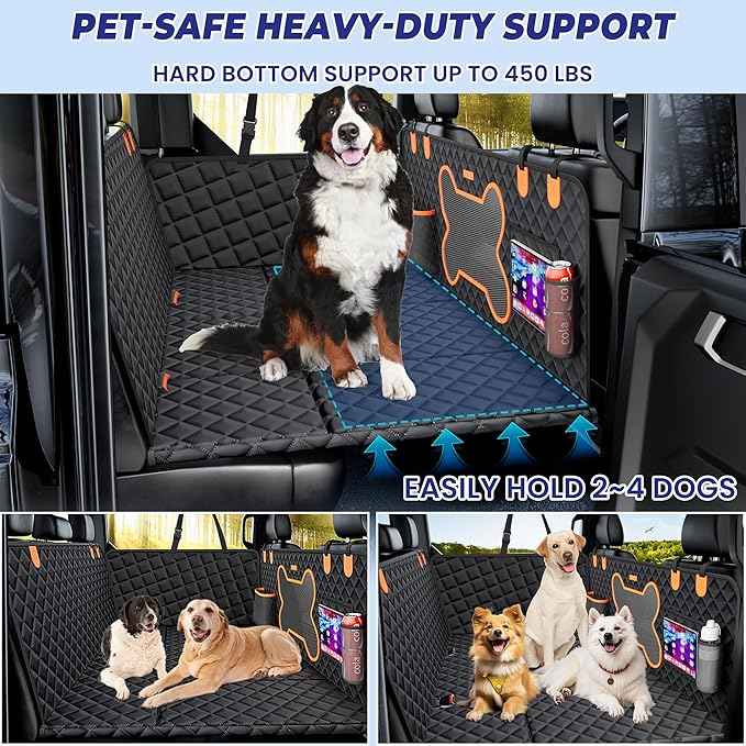 Truck Dog Seat Cover for Back Seat, Hard Bottom Dog Hammock Support to 450 lbs, Waterproof & Scratch-Proof Pet Bed Extender for Full Size Crew Cab Truck SUVs F150/RAM1500/Silverado, Black
