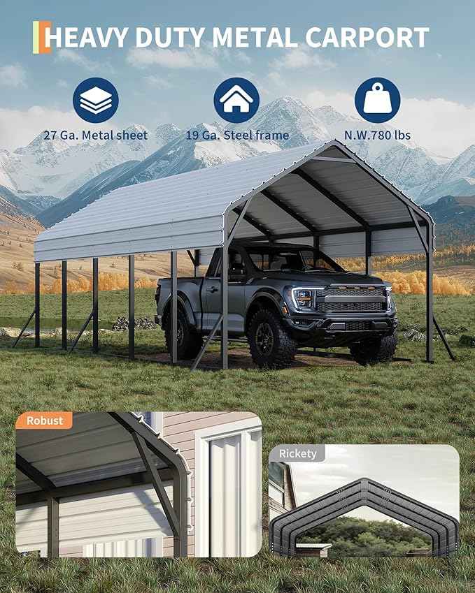 GarveeLife 13 ft x26 ft x11 ft Oversized Metal Carport, Steel Heavy Duty Car Ports for All-Weather, Tall Carport for Full-Size Pickup Trucks, Boats, and Tractors, N.W. 780 LBS