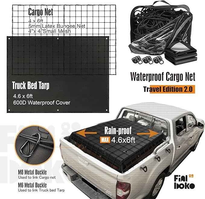Cargo Net for Pickup Truck Bed,4' x 6' Stretches to 8' x 12' - Small Mesh Bungee Net Cargo Netting with Portable Truck Bed Tarp,Cargo Net Suitable for Daily and Rainy Day Loading of Trucks