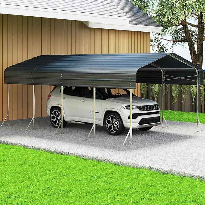 12x20Ft Heavy Duty Metal Carport – Outdoor Galvanized Garage, Sturdy Structure, All-Weather Protection, Easy Assembly for Cars, Trucks, Boats, Tractors, and Outdoor Storage (Grey, 12x20FT)