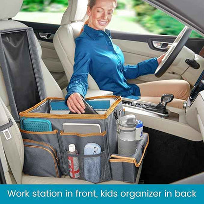 High Road CarHop Car Seat Organizer - Front Seat Organizer for Driver and Back Seat Organizer for Kids with Cup Holders, Study Tray Lid, Side Pockets and Cooler or File Compartment (Gray)