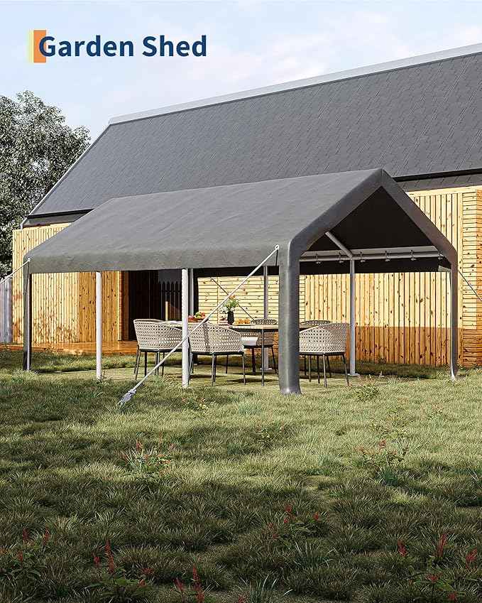Garvee 12x20 ft Portable Garage, Car Port with 200 g PE Tarp Canopy, with 2 Roll-Up Doors and 4 Windows, for Temporary Paint Booth, Boats&Pickups Shed, and Event Shelter, Gray