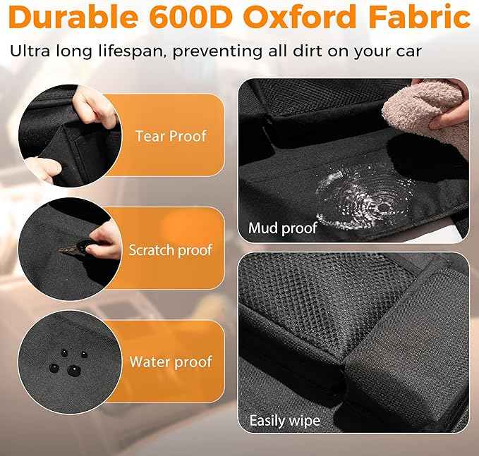 Backseat Car Organizer with Tray, 9 Storage Pockets Back Seat Protector with Foldable Tablet Holder, Waterproof Back of Seat Kick Mats for Kids Adult, Road Trip Essentials Travel 2 Pack, Black