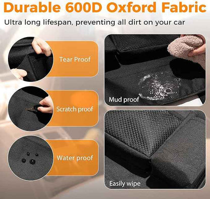 Backseat Car Organizer with Tray, 9 Storage Pockets Back Seat Protector with Foldable Tablet Holder, Waterproof Back of Seat Kick Mats for Kids Adult, Road Trip Essentials Travel 2 Pack, Black