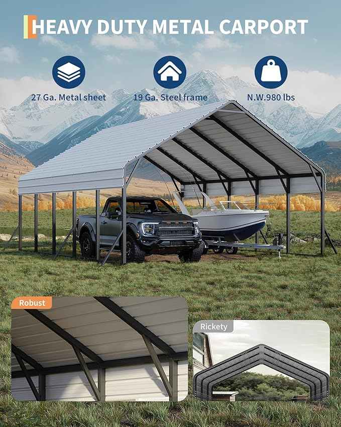 Garveelife 20'x25'x13' Metal Carport for 2 Cars, Heavy Duty Car Ports for Heavy Snow, Reinforced Frame, Tall Metal Car Ports for Bass Boats, Full-Sized Pickup Trucks, and Tractors, N.W. 980 Lbs