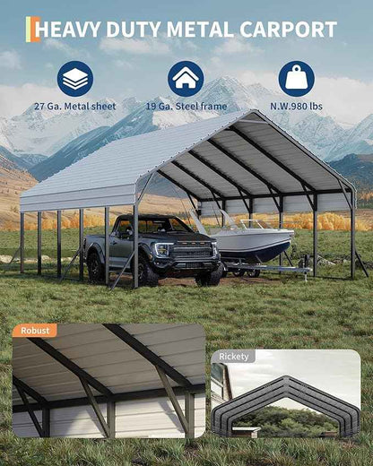 Garveelife 20'x25'x13' Metal Carport for 2 Cars, Heavy Duty Car Ports for Heavy Snow, Reinforced Frame, Tall Metal Car Ports for Bass Boats, Full-Sized Pickup Trucks, and Tractors, N.W. 980 Lbs