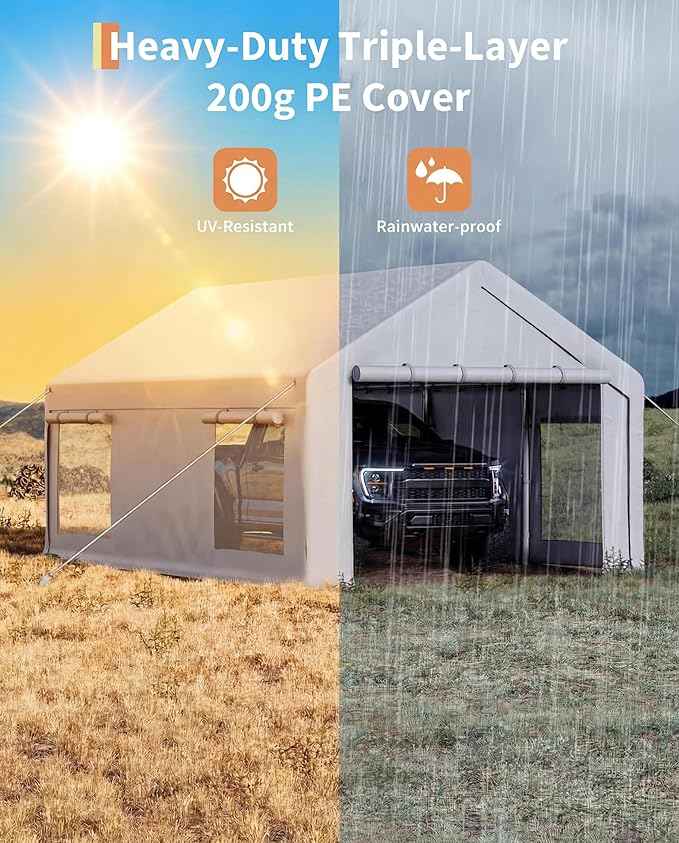 Garvee 12x20 ft Portable Garage, Car Port with 200 g PE Tarp Canopy, with 2 Roll-Up Doors and 4 Windows, for Temporary Paint Booth, Boats&Pickups Shed, and Event Shelter, White