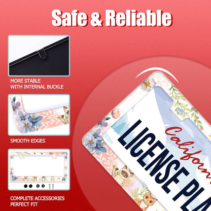 Cat License Plate Frame Beautiful Butterflies Flowers License Plate Holder Funny Personalise Car Stainless Stee Decorative Parts for Standard Us Canada Vehicles 12x6 Inch for Women Men