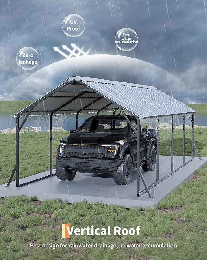 Garveelife 11'x20'x9' Metal Carport, Heavy Duty Steel Car Ports for All-Weather, Vertical Roof Design, for Full-Size Pickup Trucks, Boats, and Tractors