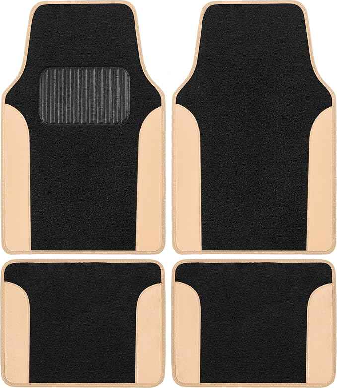 BDK PolyPro Beige Car Seat Covers Full Set with 4-Piece Car Floor Mats - Two-Tone Seat Covers for Cars with Carpet, Interior Covers for Auto Truck Van SUV