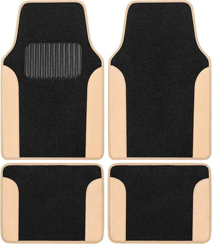 BDK PolyPro Beige Car Seat Covers Full Set with 4-Piece Car Floor Mats - Two-Tone Seat Covers for Cars with Carpet, Interior Covers for Auto Truck Van SUV