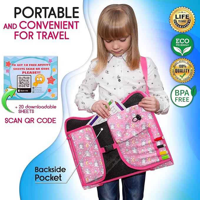 Kids Travel Tray - Waterproof Lap Table with No-Drop Large Tablet Holder - Car Seat Tray - Road Trip Essentials Kids - Car Desk Organizer for Airplane - Toddler Travel Essentials (UNICORN)
