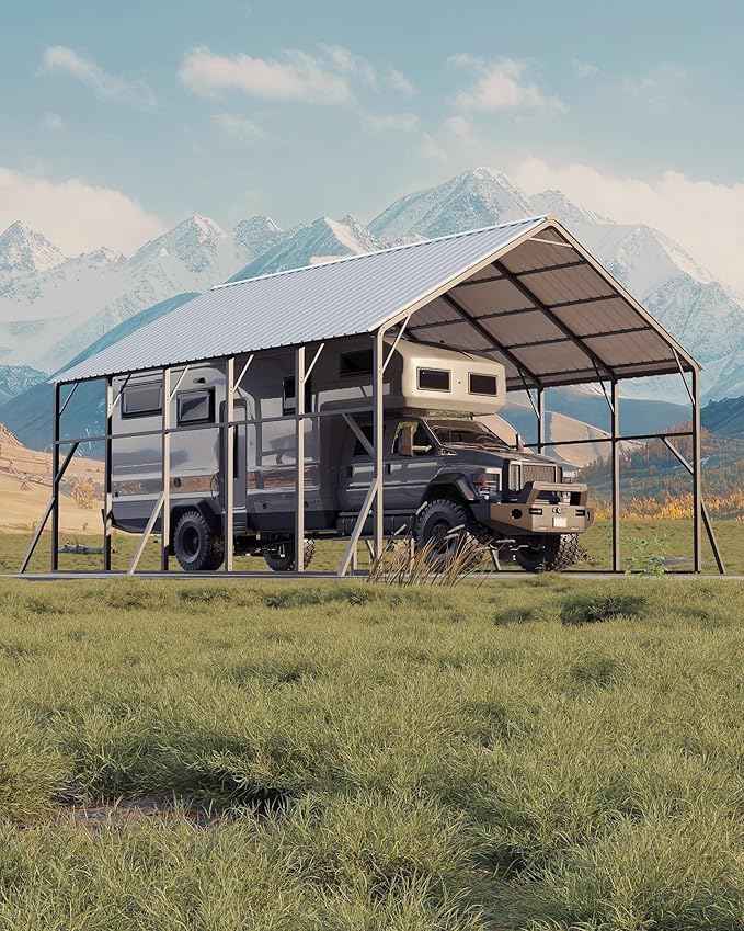 Garvee 20x25 ft Metal Carport Kit, 120° Steep-Pitch Vertical Roof for Snow Shedding, 173" High-Clearance RV & Tractor Shelter, Heavy-Duty 2 Cars Car Port with Reinforced Frame