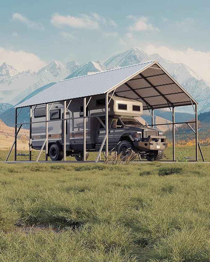 Garvee 20x25 ft Metal Carport Kit, 120° Steep-Pitch Vertical Roof for Snow Shedding, 173" High-Clearance RV & Tractor Shelter, Heavy-Duty 2 Cars Car Port with Reinforced Frame