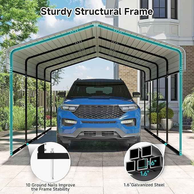 12x20 FT Metal Carport with Reinforced Base, Outdoor Heavy Duty Garage Car Shelter with Galvanized Steel Frame for Pickup, Boat, Car and Tractors, Party, Dark Gray