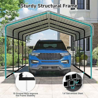 12x20 FT Metal Carport with Reinforced Base, Outdoor Heavy Duty Garage Car Shelter with Galvanized Steel Frame for Pickup, Boat, Car and Tractors, Party, Dark Gray