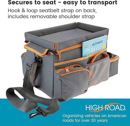 High Road CarHop Car Seat Organizer for Kids and Adults with Cup Holder Tray, Side Pockets and Cooler Compartment (Medium, Gray)