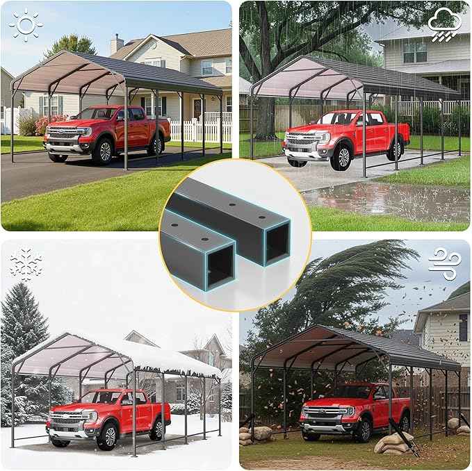 12x20FT Metal Carport, Heavy Duty Carport Canopy with Reinforced Frame and Base for All-Weather, Outdoor Garage Car Port for Pickup Trucks, Boats, Tractors or Party