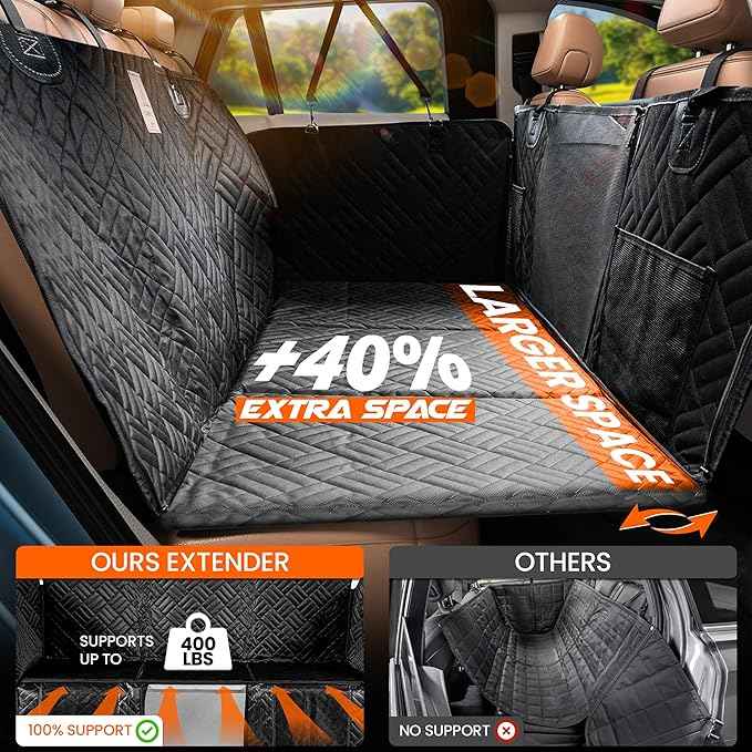 Dog Back Seat Cover Hard Bottom - 2025 Upgraded Materials - 6.4mm Support Boards Holds 400lbs - Waterproof Dog Hammock for Car, SUV & Truck - Pet Seat Cover for Back Seat - Backseat Extender for Dogs