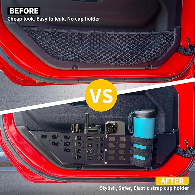 Front Door Storage Pockets with Cup Holders Compatible with 2018-2024 2025 2026 Jeep Wrangler JL 2/4 Door 4XE Gladiator JT Accessories Side Insert Organizer Box Molle Panel, 1Pair Metal+Strap