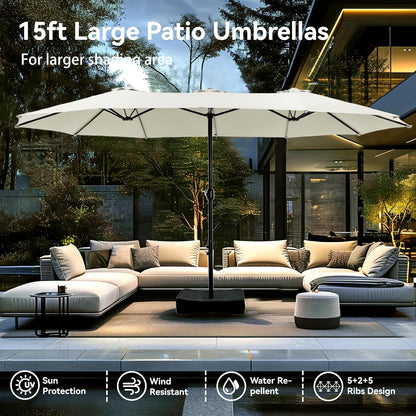 PHI VILLA 15ft Large Patio Umbrellas with Base Included, Outdoor Double-Sided Rectangle Market Umbrella with Stand, Outside Umbrellas for Poolside Lawn Backyard, Ivory