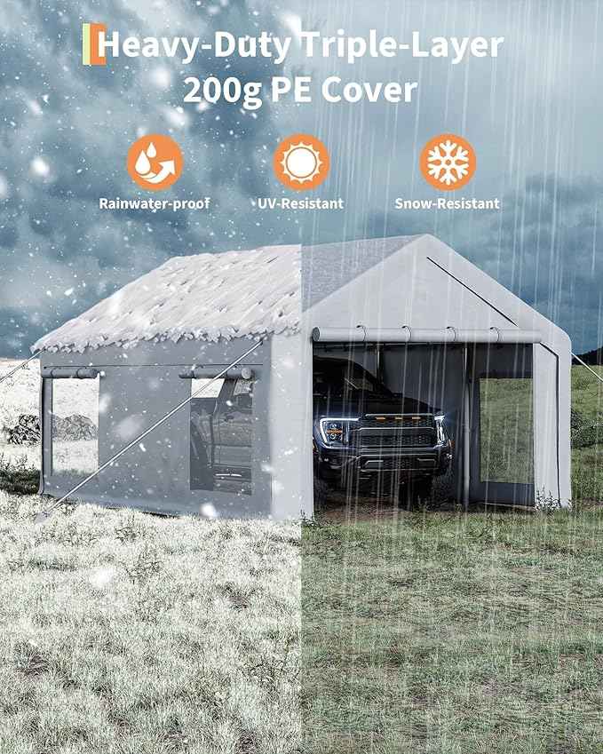 [2-Pack] 10x20 ft Portable Garage Carport, Heavy-Duty 200g PE Tarp with 2 Roll-up Doors & 4 Windows, White Waterproof Shelter for Paint Booth, Boat, Pickup & Event