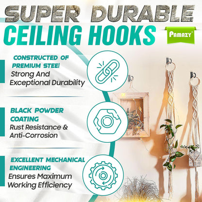 [Upgraded] 8Pcs 200LBS Rotatable Ceiling Hooks with 4 Screw Points Plate Base, Black Wall Mount Metal Hanger for Hanging Plants, Bird Feeders, Lanterns, Lights, Wind Chimes, Indoor Outdoor Decor