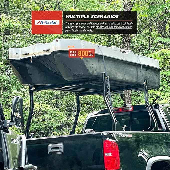 AA-Racks Model X31 800Ibs Capacity Extendable Steel Pick-Up Truck Ladder Rack Two-bar Set - Black