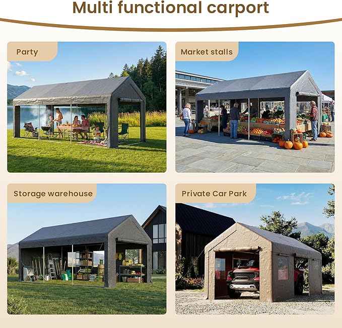 COSIEST 10'×20' Storage Shelter Outdoor Gable Roof Carport with Removable Side Walls, Heavy-Duty Garage Canopy Weatherproof PE Cover, Multi-Purpose Vehicle/Tractor Shed for Backyard/Driveway/Farm