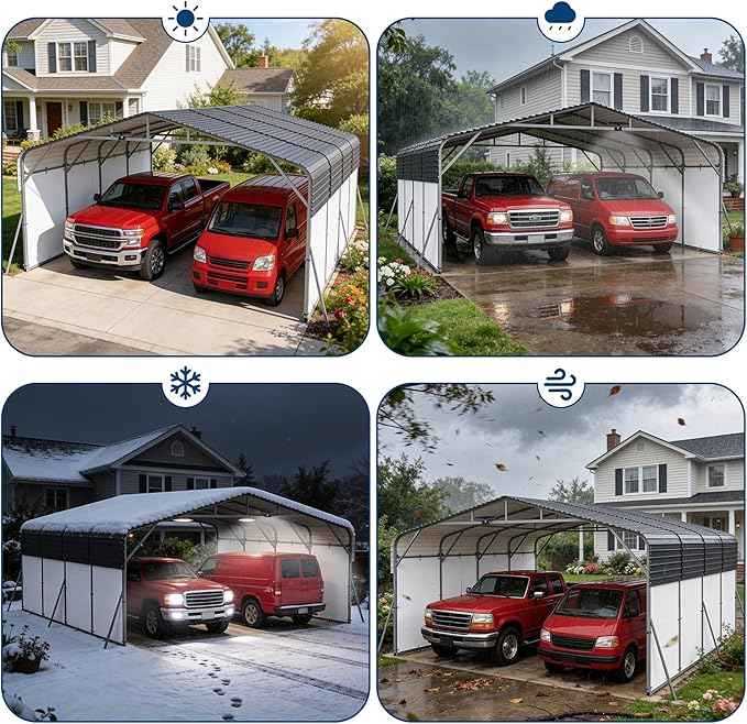 20x20FT Metal Carport w/Led Light,Outdoor Portable Car Garage,Removable PE Sidewalls,Reinforced Base & Galvanized Steel Roof, Outdoor Car Port Canopy Shelter for Boats, Full-Sized Pickup Trucks