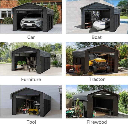10x15FT Heavy Duty Metal Carport,Outdoor Garage with Removable Sidewalls & Doors, Heavy Duty Steel Frame and Galvanized Roof for Cars and Boats, Gray