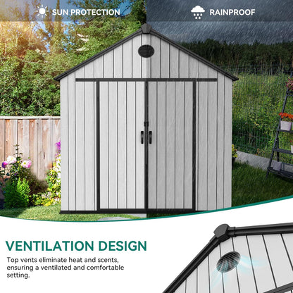 YITAHOME 8x16 FT Outdoor Storage Shed with Floor, Waterproof Plastic Garden Shed with Lockable Doors, 2 Vents & 3 Windows, 875 cu. ft. Resin Shed for Tools, Bikes, Patio or Backyard, Gray