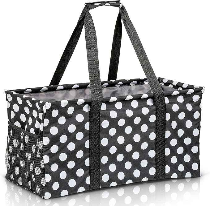 Extra Large Utility Tote Bag - Oversized Collapsible Reusable Wire Frame Rectangular Canvas Basket With Two Exterior Pockets For Beach, Pool, Laundry, Car Trunk, Storage - White Polka Dot