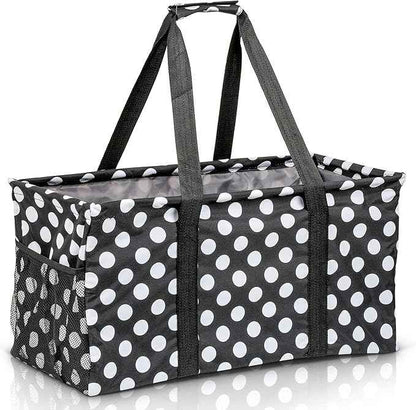 Extra Large Utility Tote Bag - Oversized Collapsible Reusable Wire Frame Rectangular Canvas Basket With Two Exterior Pockets For Beach, Pool, Laundry, Car Trunk, Storage - White Polka Dot