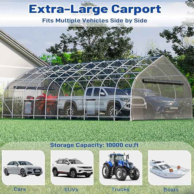 EROMMY 20x40 FT Heavy Duty Durable Carport, Silver Gray, Galvanized Steel Frame Garage Shelter and Outdoor Storage, Waterproof 3-Layer PE Cover, Fits 4 Cars, Boat, Farm Equipment