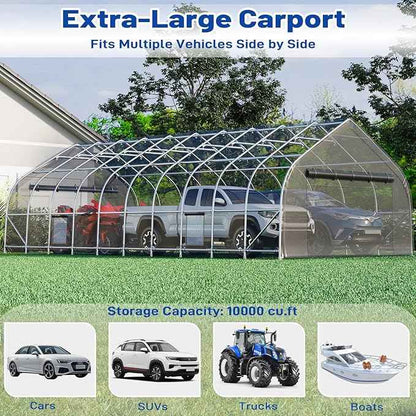 EROMMY 20x40 FT Heavy Duty Durable Carport, Silver Gray, Galvanized Steel Frame Garage Shelter and Outdoor Storage, Waterproof 3-Layer PE Cover, Fits 4 Cars, Boat, Farm Equipment